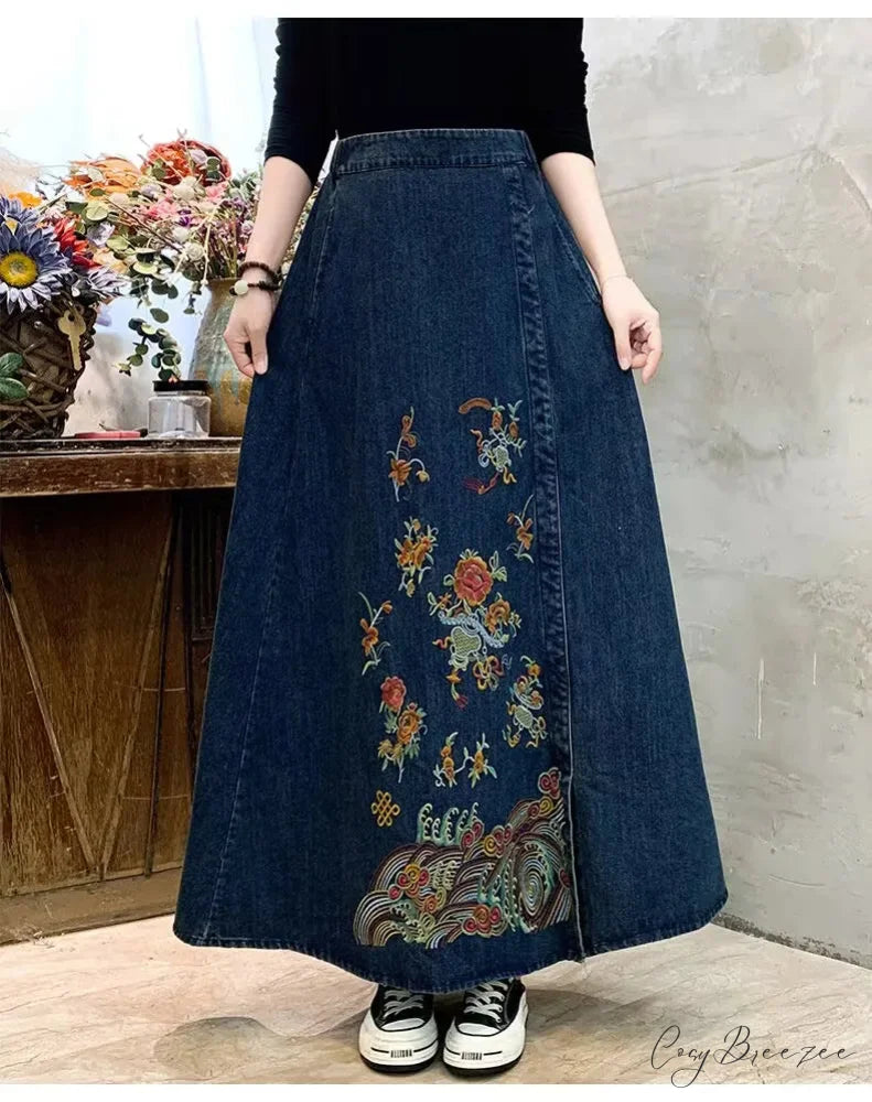 Embroidery Denim High Waist Japanese Mori Long Casual Skirt LIGHT BLUE / One Size skirt-250126
