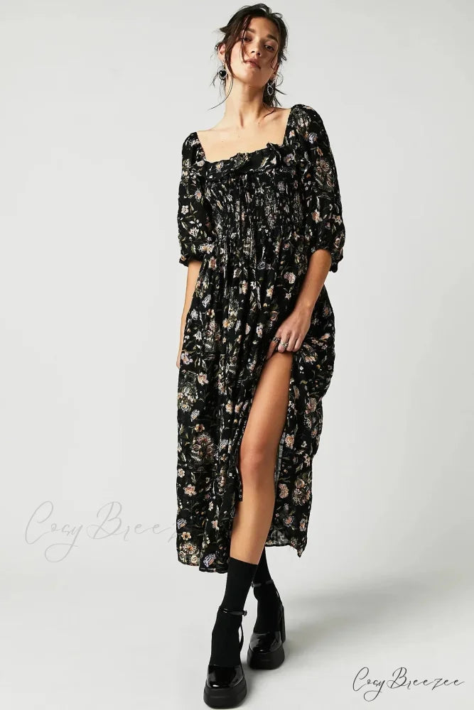 Embroidery Floral Long-sleeved Gypsy Maxi Boho Dress Black / S bohodress-250126