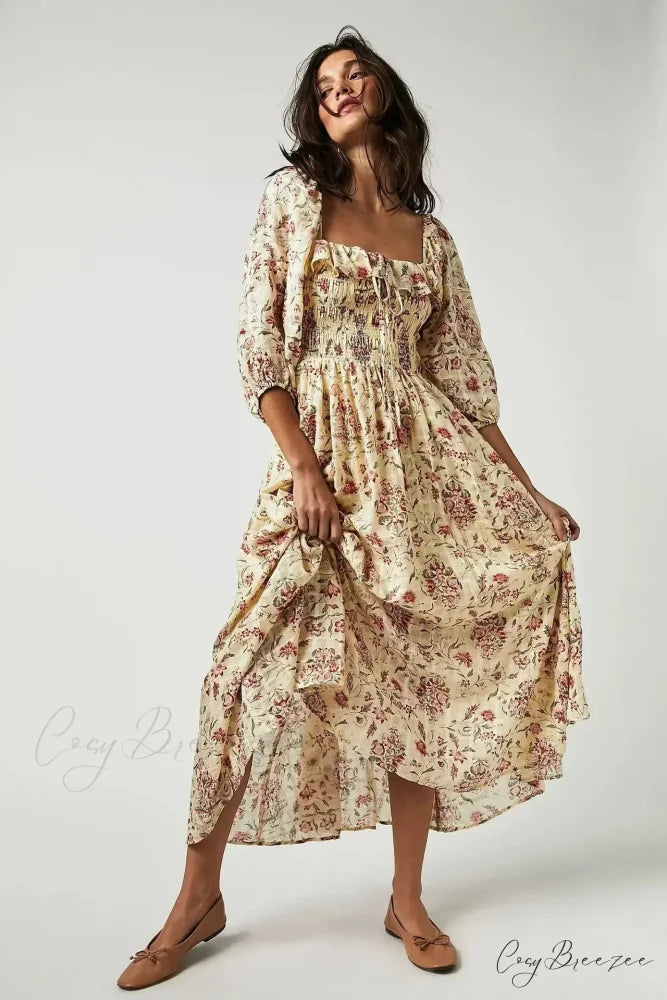 Embroidery Floral Long-sleeved Gypsy Maxi Boho Dress bohodress-250126
