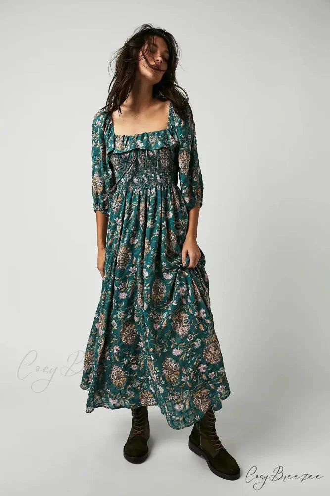 Embroidery Floral Long-sleeved Gypsy Maxi Boho Dress Green / S bohodress-250126