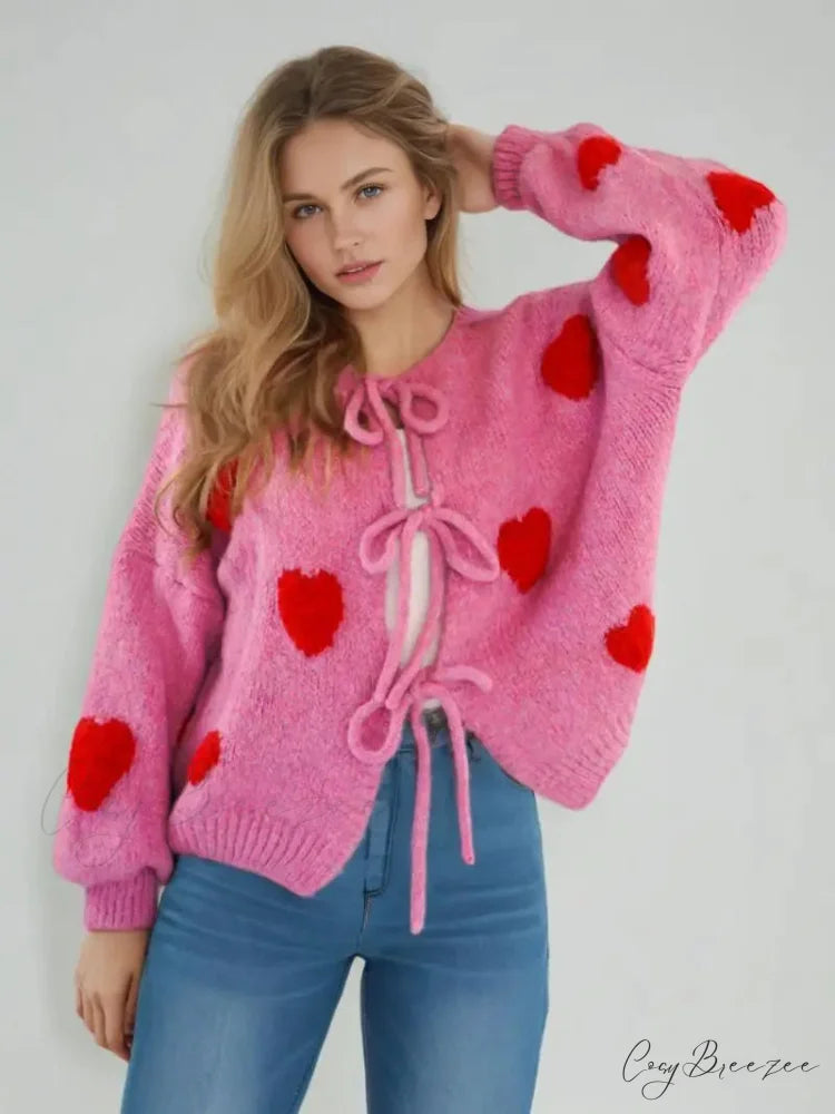 Embroidery Heart Lace-up Cardigan Pink love / S