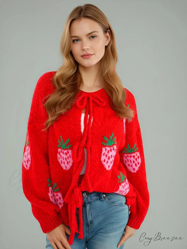 Embroidery Heart Lace-up Cardigan Red strawberry / S