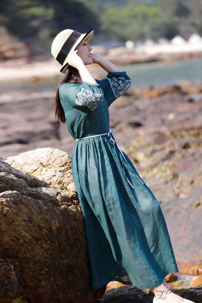 Emerald Embroidered Ramie Dress L / Emerald