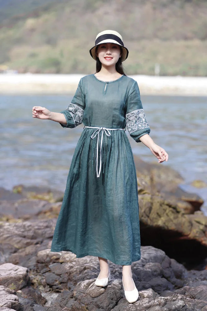 Emerald Embroidered Ramie Dress M / Emerald