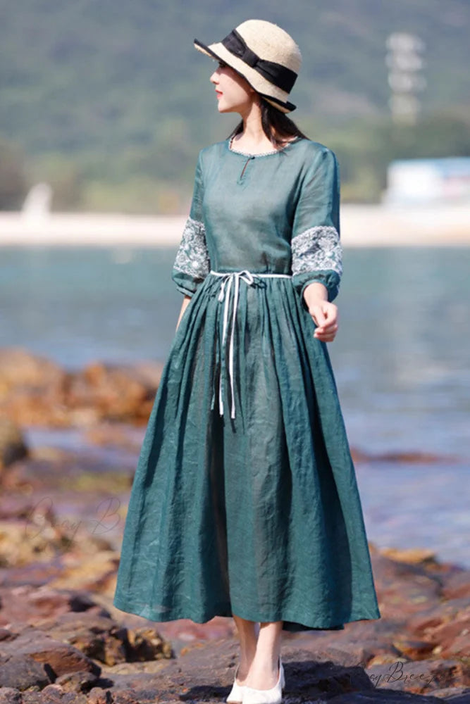 Emerald Embroidered Ramie Dress XL / Emerald