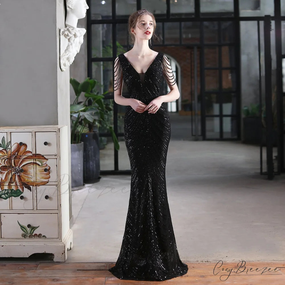 Emily Mermaid Sequin Charming Sleeveless Prom Dress BLACK / XS
