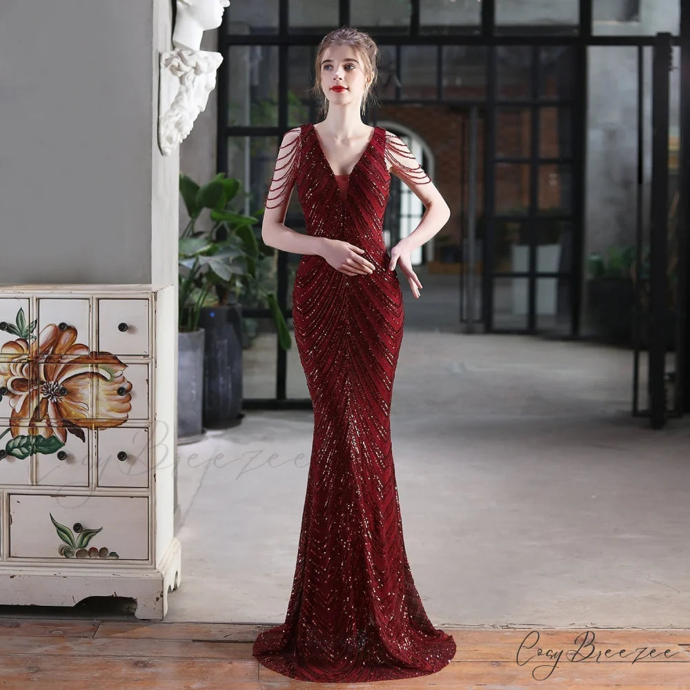 Emily Mermaid Sequin Charming Sleeveless Prom Dress BURGUNDY / XS