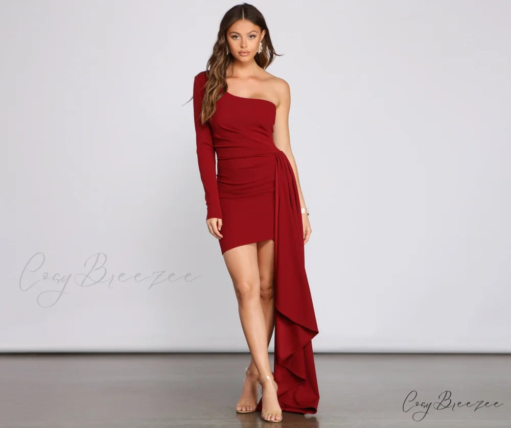 Emily One Shoulder Charming Pleated Asymmetric Mini Dress BURGUNDY / XS