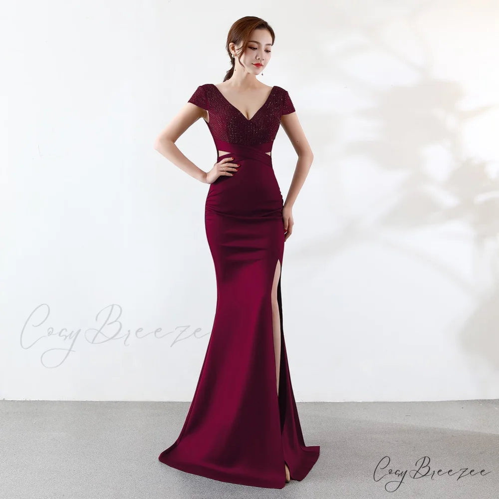 Eremi slim fit Charming long fishtail dress BURGUNDY / XS