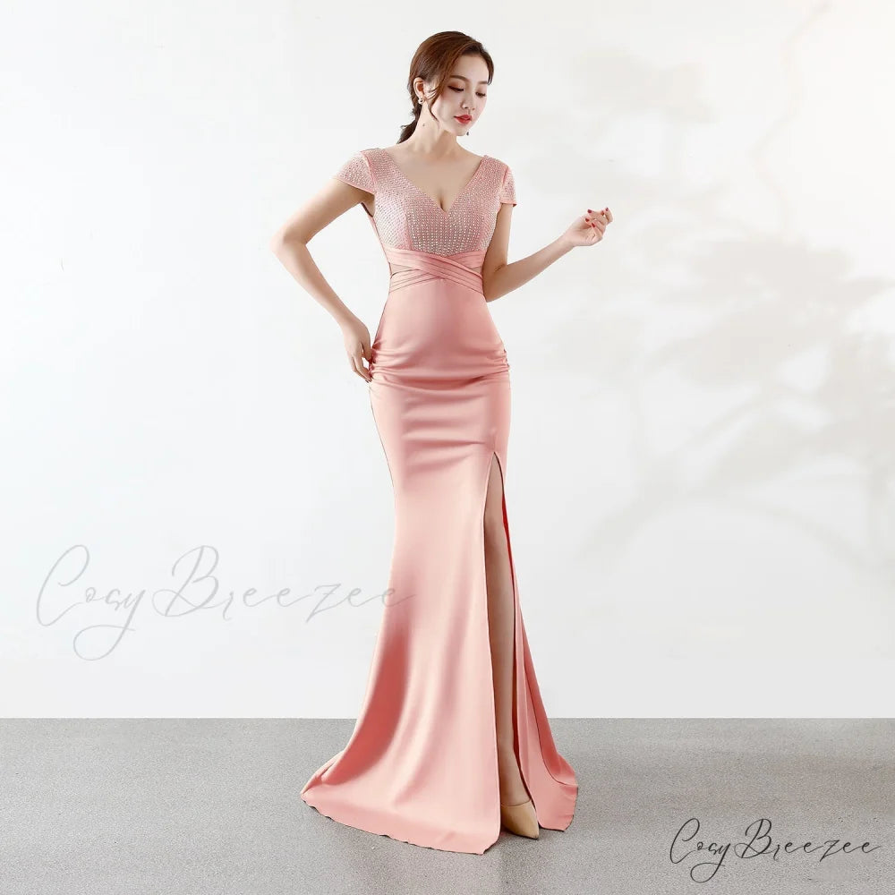 Eremi slim fit Charming long fishtail dress PINK / XS