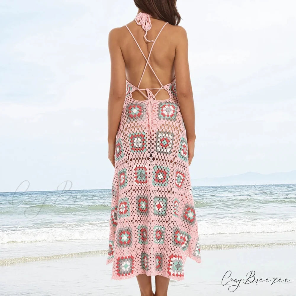 Ethnic Pattern Knitted Crochet Boho Dress bohodress-250126