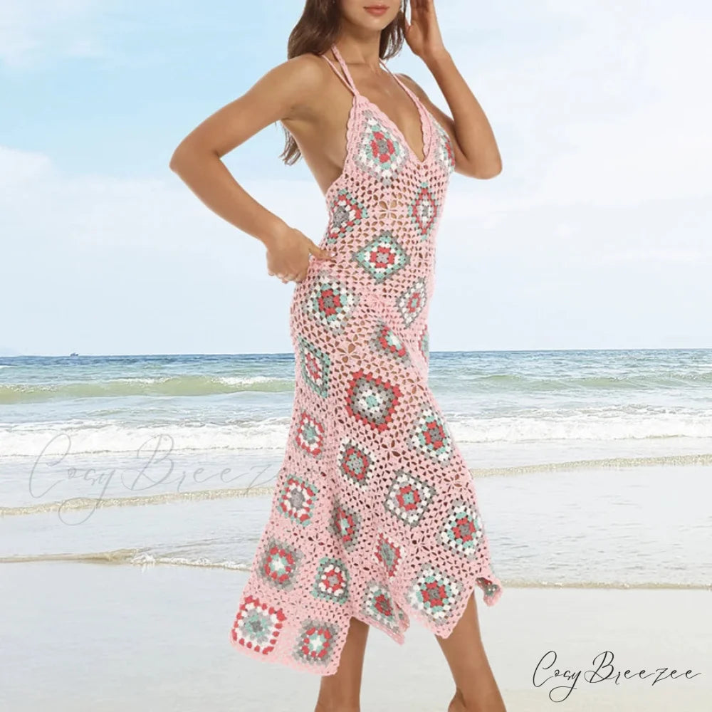 Ethnic Pattern Knitted Crochet Boho Dress bohodress-250126