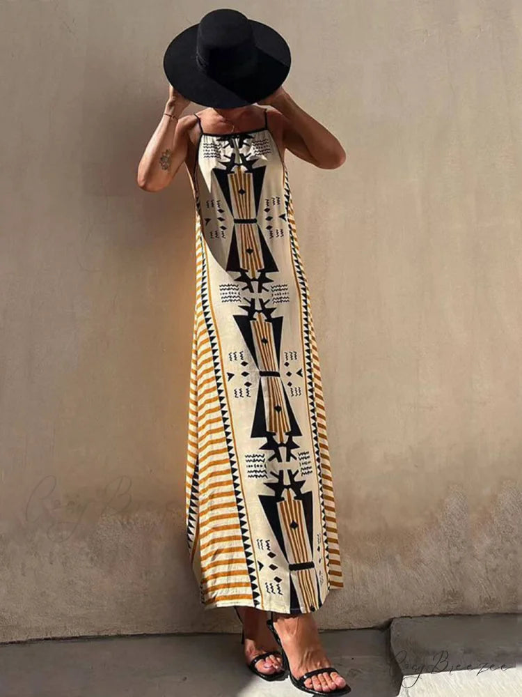 Ethnic Print Backless Charming A-line Maxi Dress Yellow / S