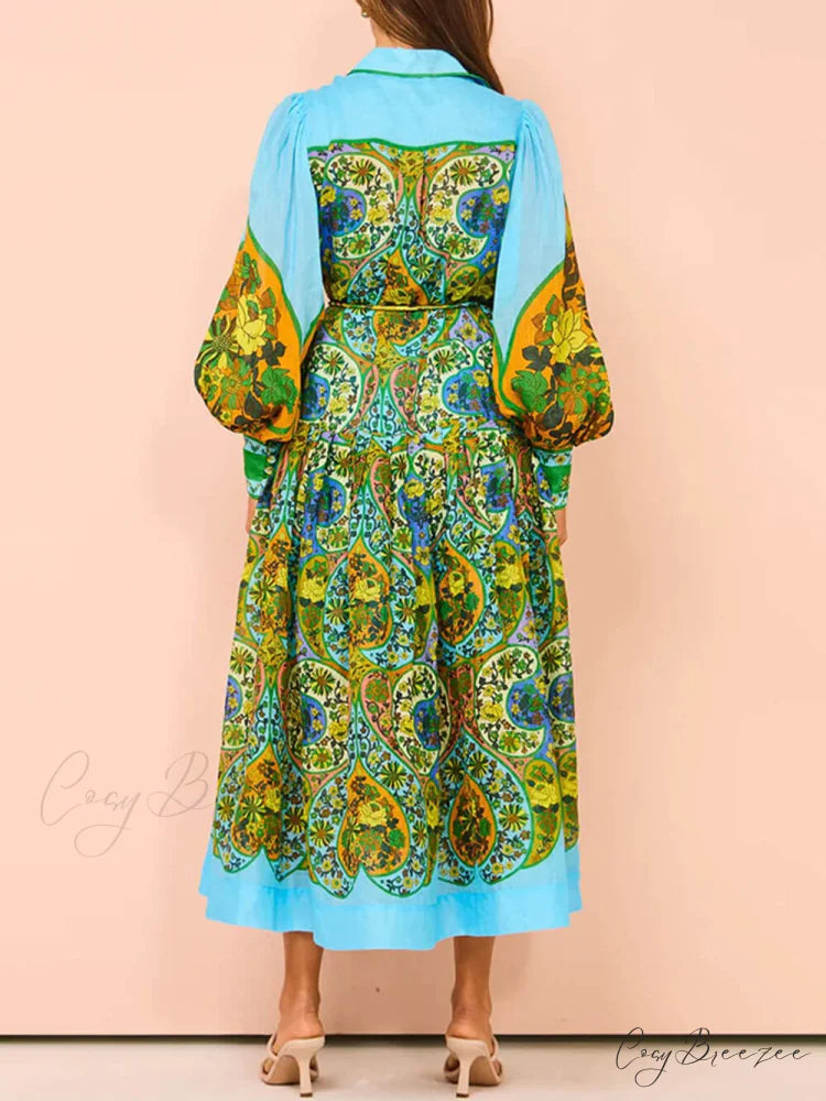 Ethnic Print Cardigan Charming Lace-Up Lapel Long-Sleeved Dress