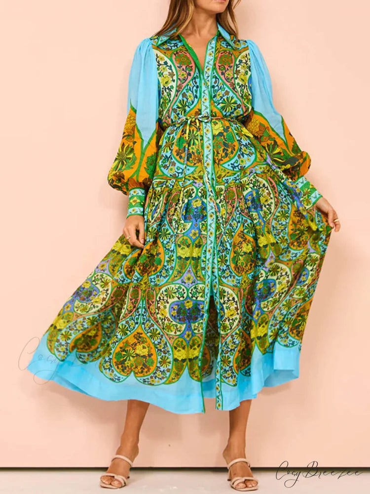 Ethnic Print Cardigan Charming Lace-Up Lapel Long-Sleeved Dress Multicolor / L