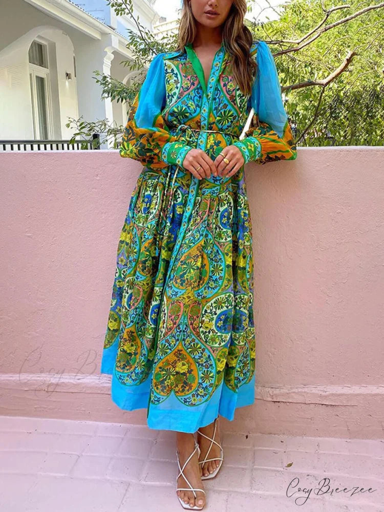 Ethnic Print Cardigan Charming Lace-Up Lapel Long-Sleeved Dress Multicolor / M