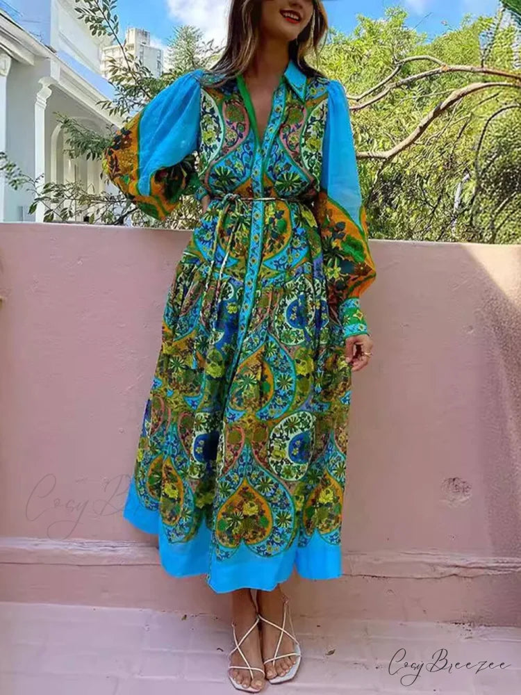 Ethnic Print Cardigan Charming Lace-Up Lapel Long-Sleeved Dress Multicolor / S