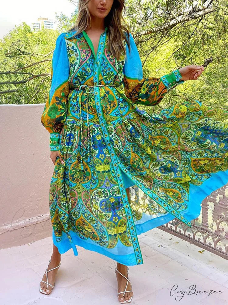Ethnic Print Cardigan Charming Lace-Up Lapel Long-Sleeved Dress Multicolor / XL