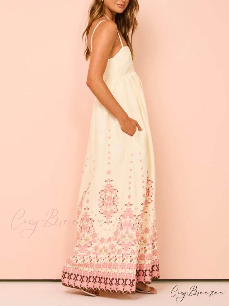 Ethnic Print Halter Charming Cream Extra Maxi Dress