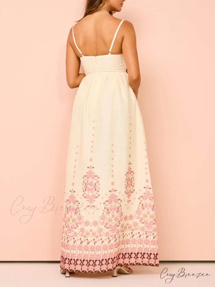 Ethnic Print Halter Charming Cream Extra Maxi Dress