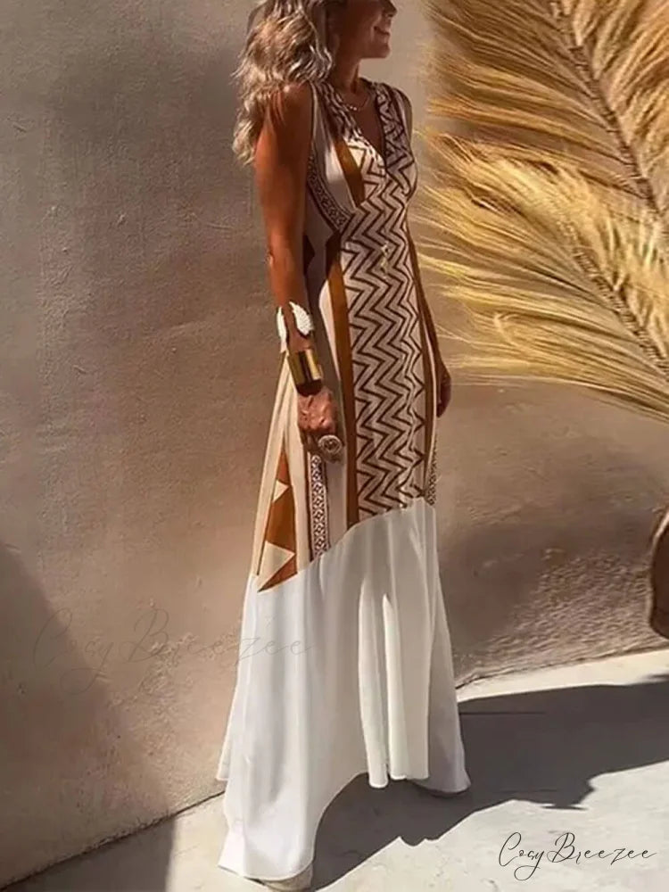 Ethnic Print Patchwork Charming A-line Maxi Dress