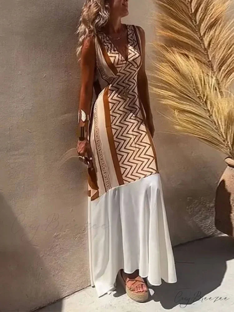 Ethnic Print Patchwork Charming A-line Maxi Dress Coffee / S