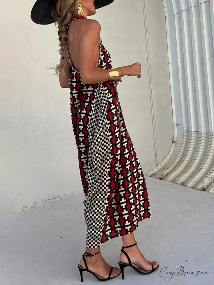 Ethnic Unique Print Lantern Graceful Cut Tank Maxi Dress