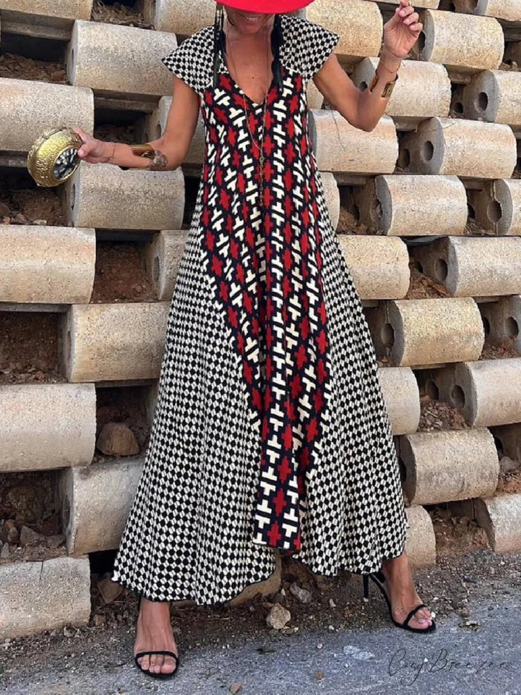 Ethnic Unique Print Ruffle Graceful Sleeve A-line Maxi Dress
