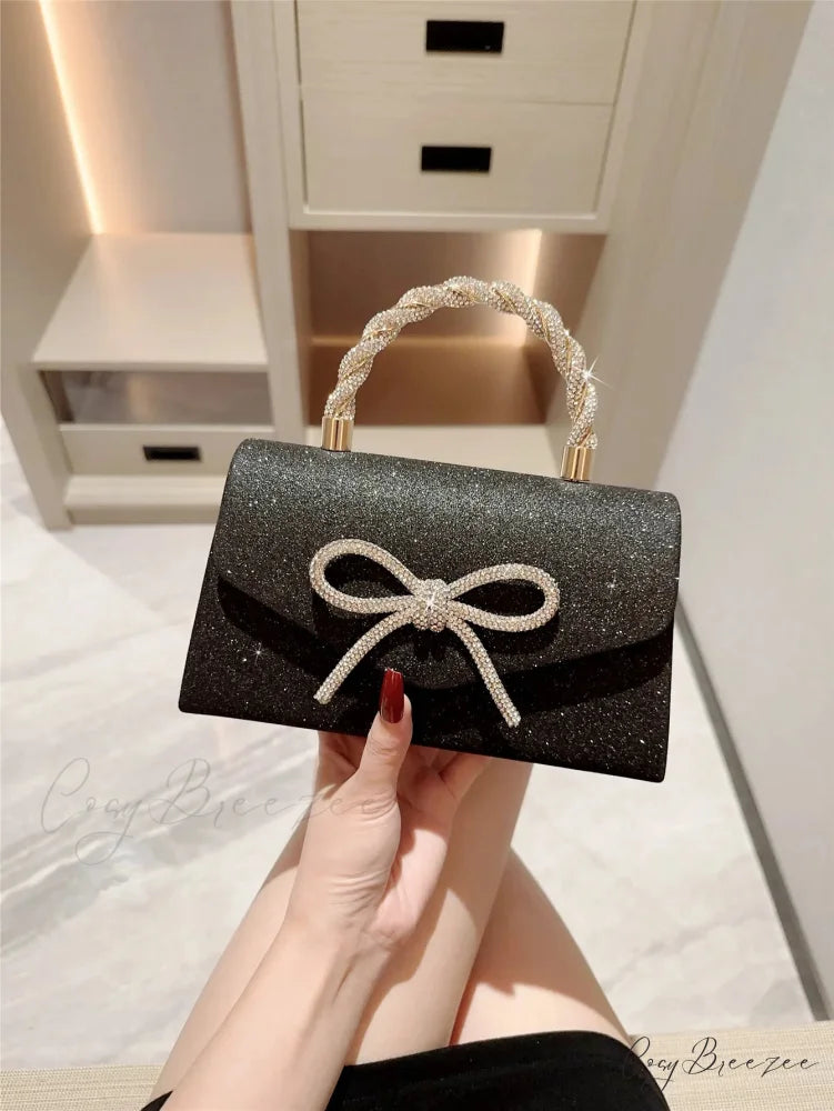 European American Diamond Bow Chain Clutch Black / (20cm clutchbag-250126