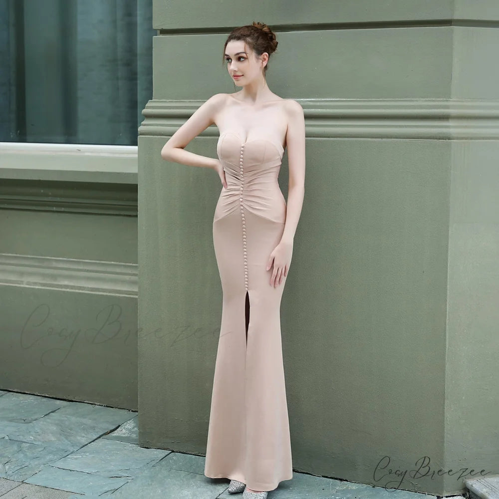 Evelyn strapless Stylish slit wrap dress APRICOT / XS