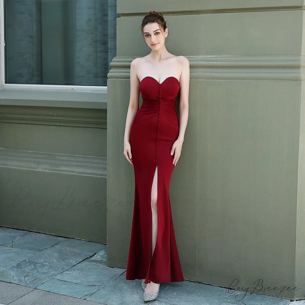 Evelyn strapless Stylish slit wrap dress BURGUNDY / XS