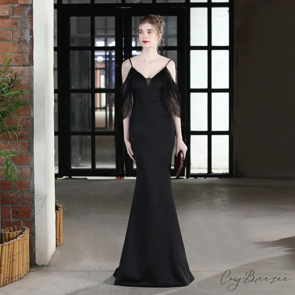 Evelyn V-Neck Off The Graceful Shoulder Mermaid Prom Dress BLACK / XS
