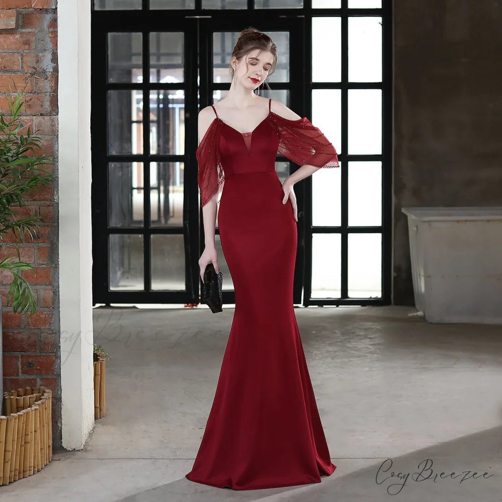 Evelyn V-Neck Off The Graceful Shoulder Mermaid Prom Dress BURGUNDY / XS