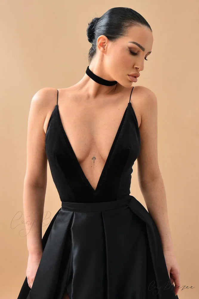Evening Glamour Black Trendy Satin Backless Gown