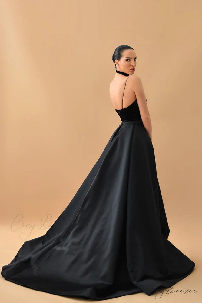Evening Glamour Black Trendy Satin Backless Gown