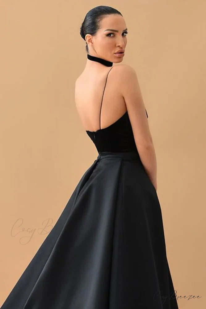 Evening Glamour Black Trendy Satin Backless Gown