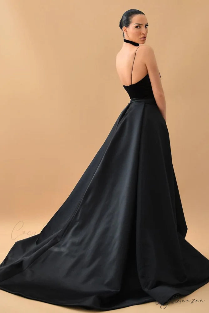Evening Glamour Black Trendy Satin Backless Gown