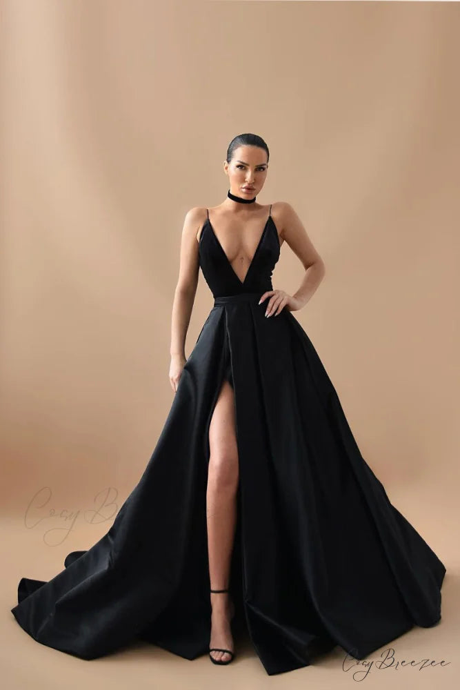 Evening Glamour Black Trendy Satin Backless Gown