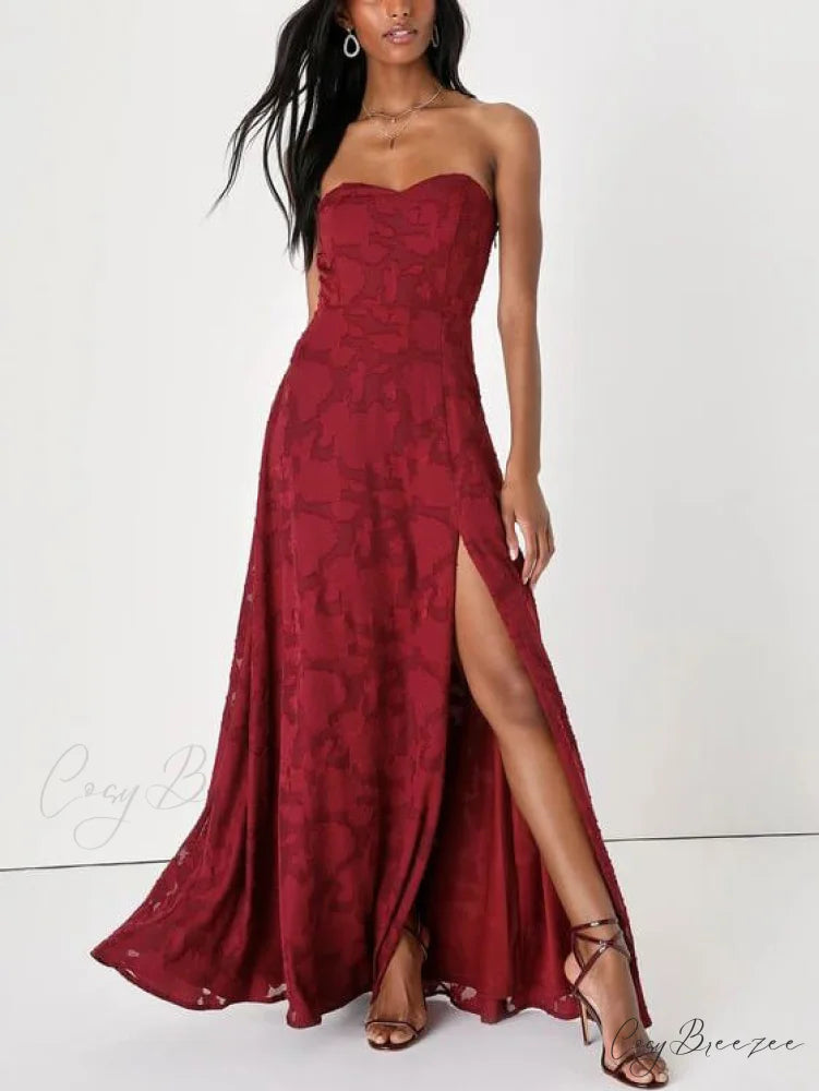 Evening Gown Strapless Slim Graceful Fit Slit Maxi Dress Red / S