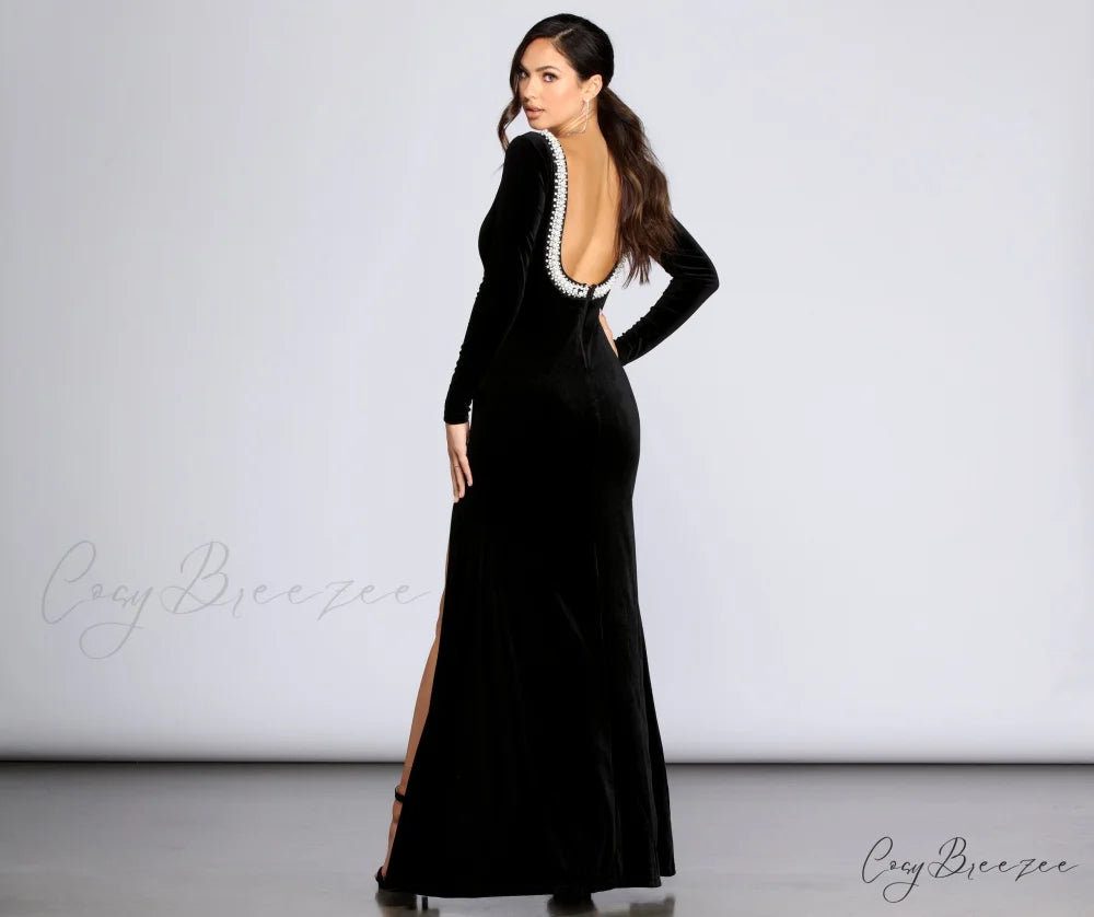 Everly Formal Velvet Charming And Pearl Dress BLACK / XS