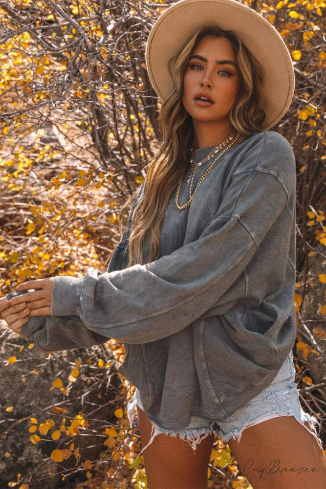 Exposed Twist Back Open Seam Oversized Gray Sweatshirt