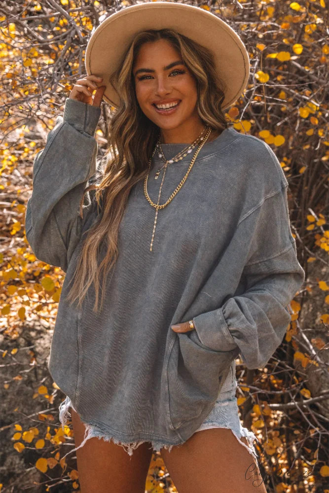Exposed Twist Back Open Seam Oversized Gray Sweatshirt