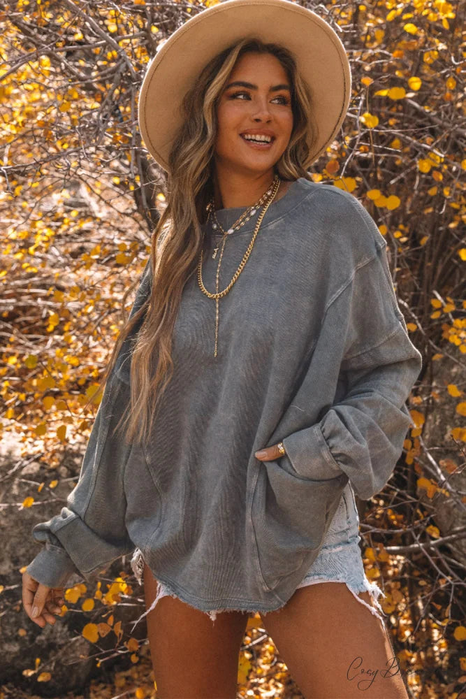 Exposed Twist Back Open Seam Oversized Gray Sweatshirt