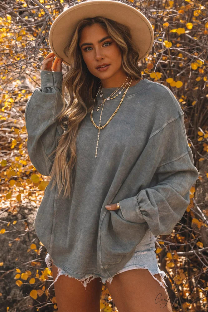 Exposed Twist Back Open Seam Oversized Gray Sweatshirt