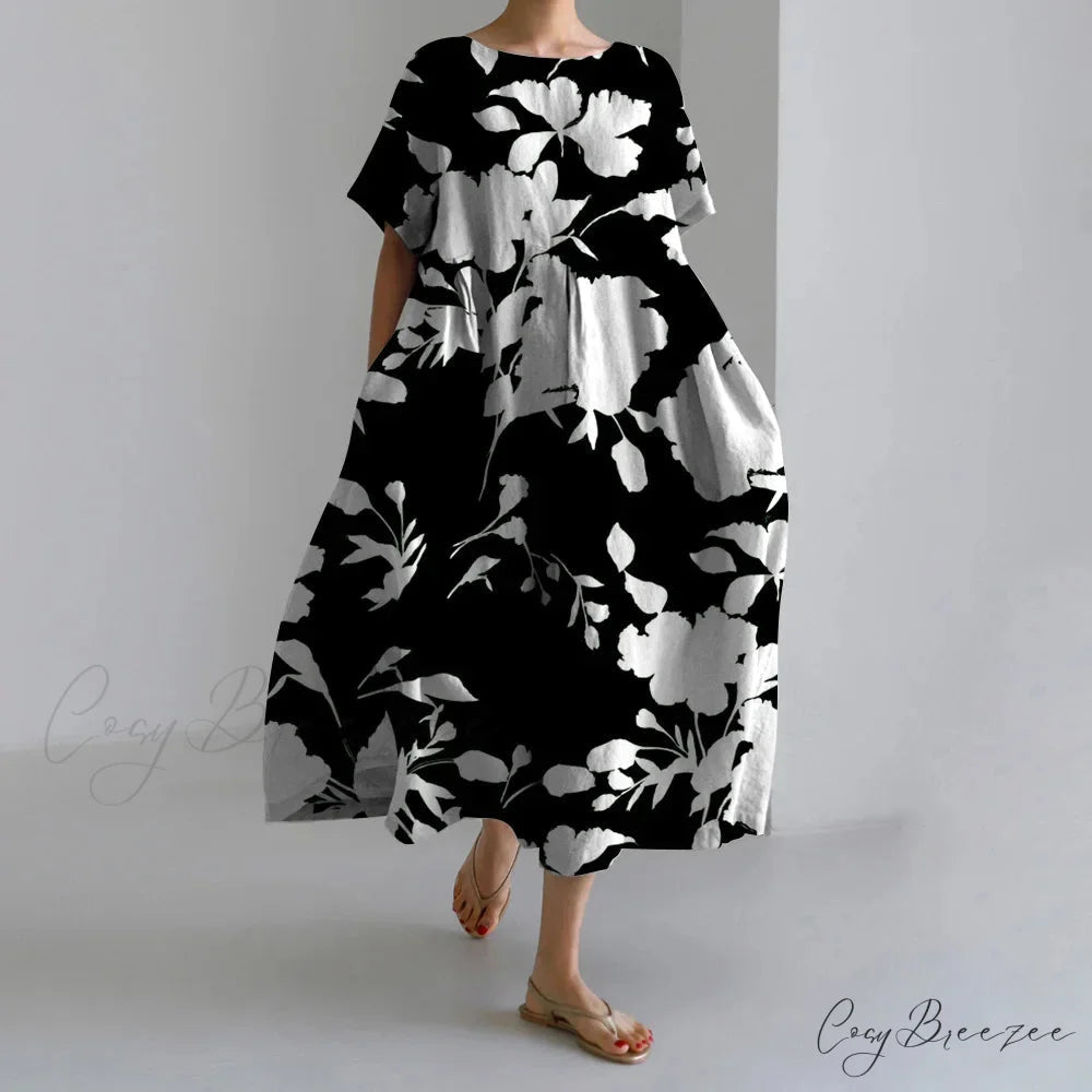 Exquisite 3D Floral Print Short Sleeve Midi Evening Dress black1 / S oldfloraldress-250126