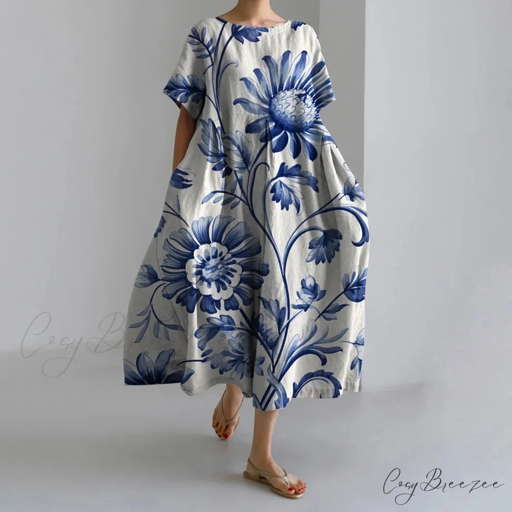Exquisite 3D Floral Print Short Sleeve Midi Evening Dress blue1 / S oldfloraldress-250126