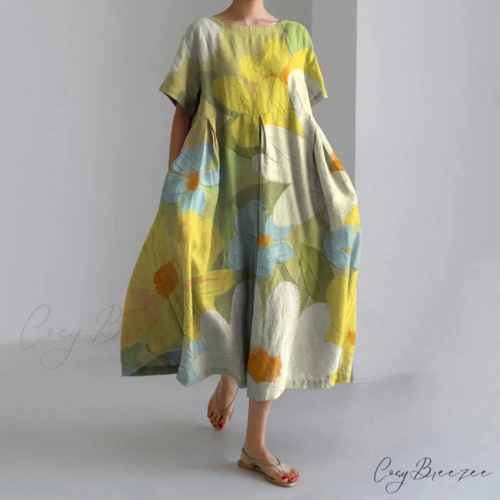 Exquisite 3D Floral Print Short Sleeve Midi Evening Dress yellow1 / S oldfloraldress-250126