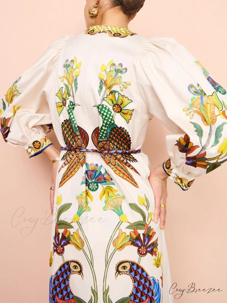 Exquisite And Fun Printed Puff Trendy Sleeves Loose Casual Midi Dress