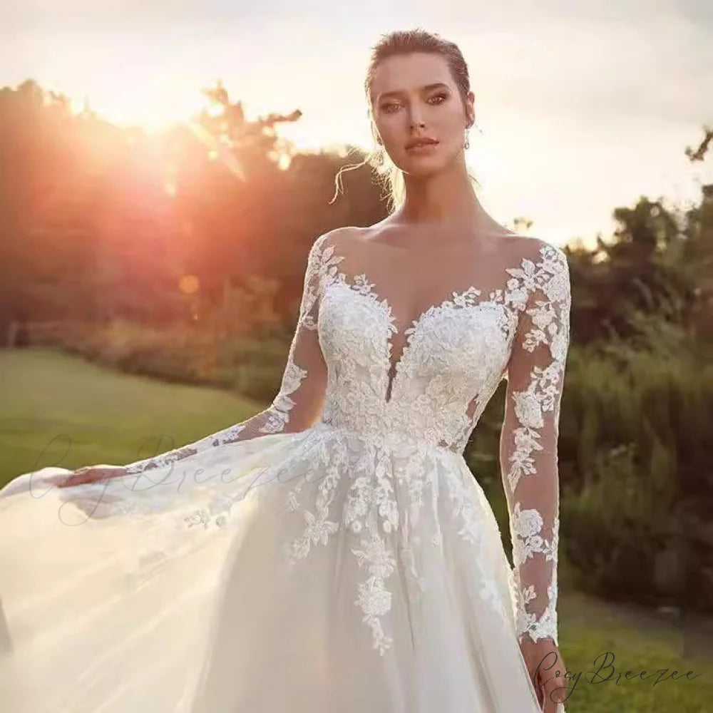 Extended Sleeve Transparent Tulle Bridal Gown weddingdress-250223
