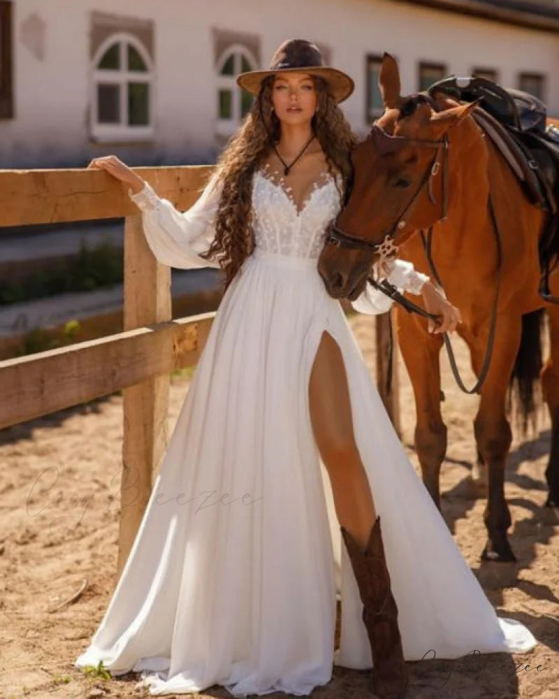 Extended Sleeve V-Neck Lace Bridal Dress lvory white / 2 weddingdress-250223